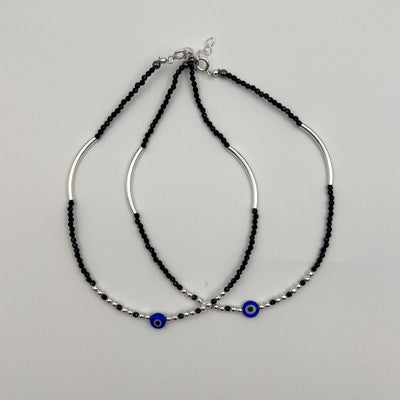 EVIL EYE ANKLETS PAIR | BLACK AND SILVER BEADS | 925 STERLING SILVER |