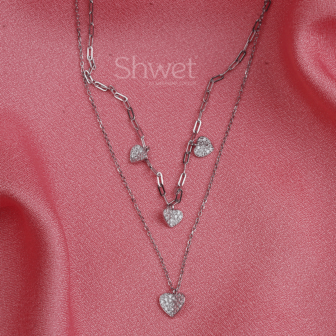 SILVER MULTI LAYER NECKLACE | HEART SOLITAIRE | 925 STERLING SILVER - Shwet