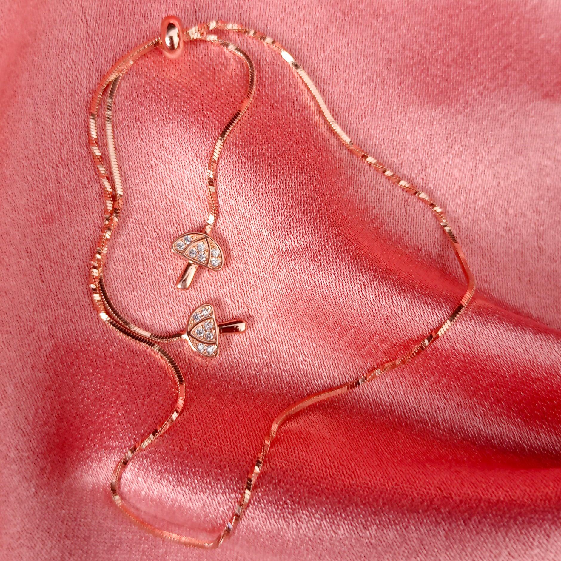 ROSE GOLD SLIDER BRACELET | MUSHROOM CHARMS | 925 STERLING SILVER | ADUSTABLE SIZE - Shwet
