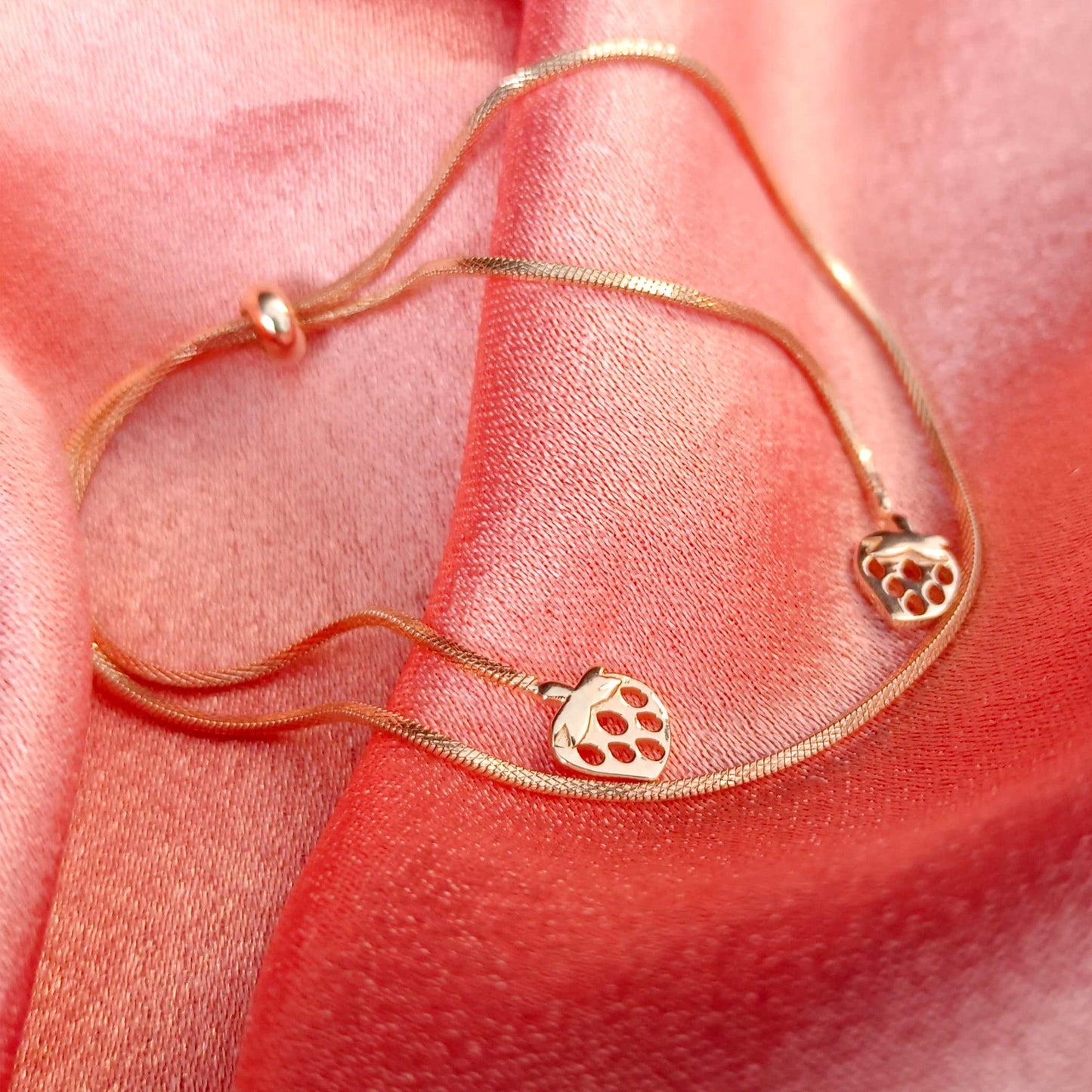 ROSE GOLD SLIDER BRACELET | STRAWBERRY CHARMS | 925 STERLING SILVER | ADUSTABLE SIZE - Shwet
